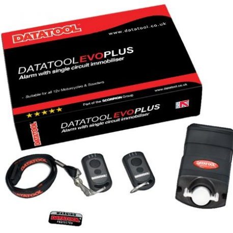 DATATOOL EVO PLUS SELF FIT MOTORCYCLE SCOOTER ALARM WITH 2 TRANSPONDERS LOW DRAW